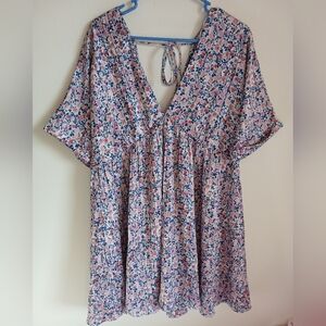 Lulus Floral Satin Mini Dress Large Boho Short Sleeve Pleated V Neck Lightweight